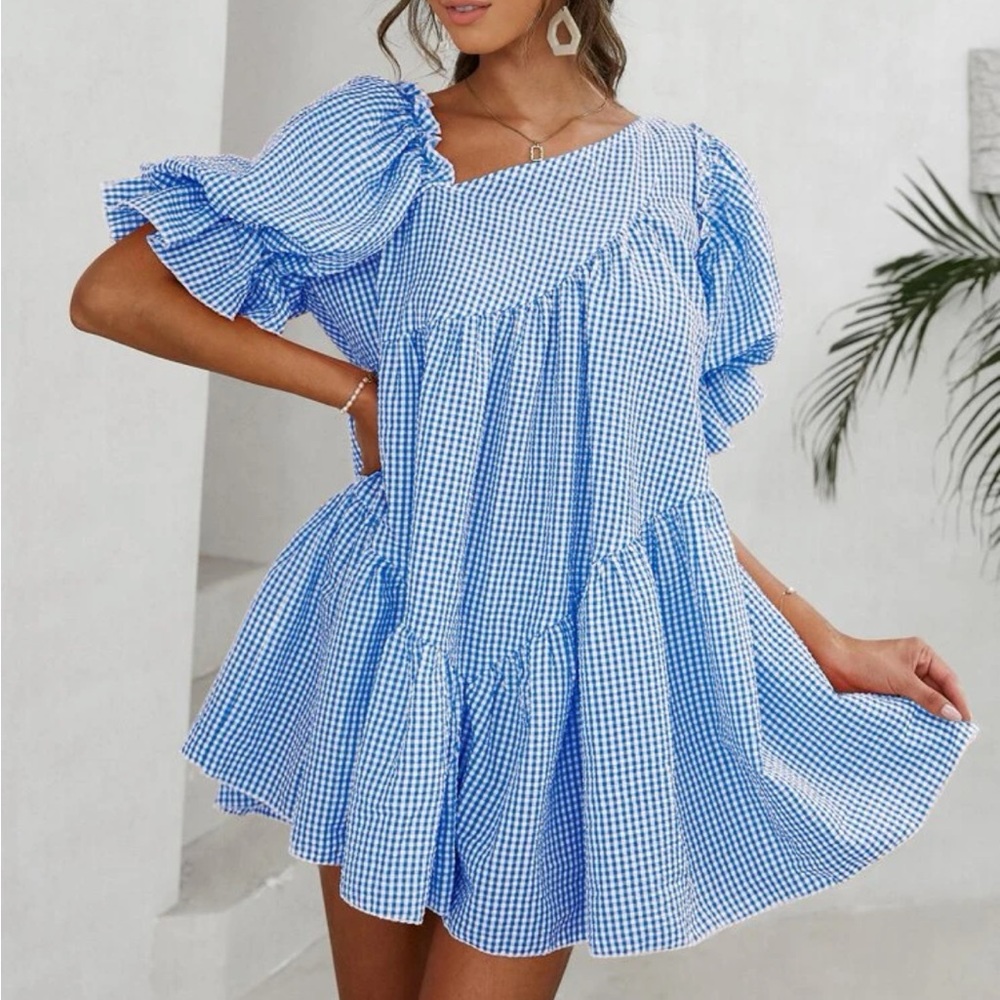 Luxe gingham plaid puff sleeve smock dress